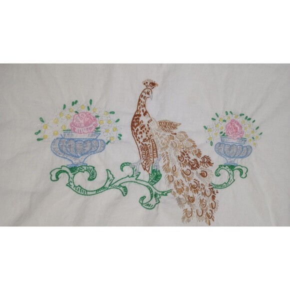 Peacocks Hand Embroidered Vintage Pillowcase Standard Single Cotton lace - Picture 2 of 7
